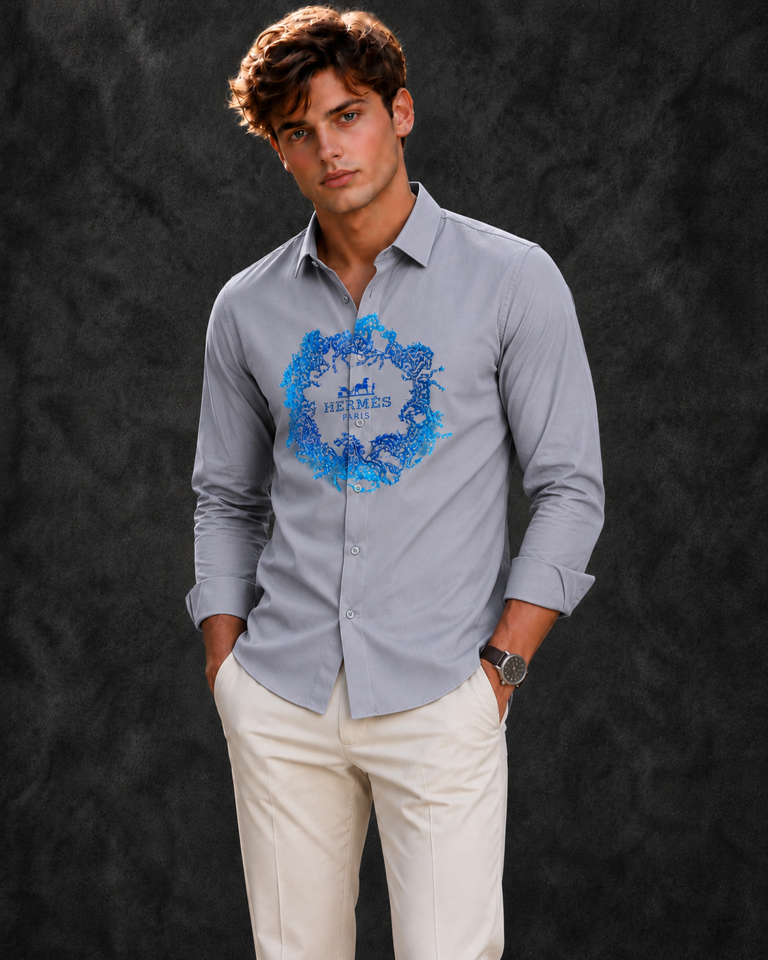 Lusso Milano Men's Regular-Fit Grey Long-Sleeve Blue Equestrian Carriage Print Shirt