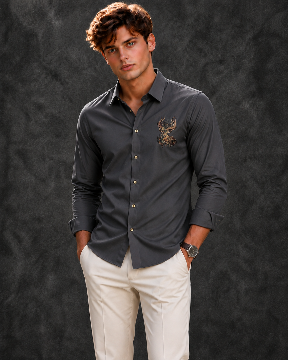 Lusso Milano Men's Regular-Fit Charcoal Grey Long-Sleeve Rhinestone Stag Shirt