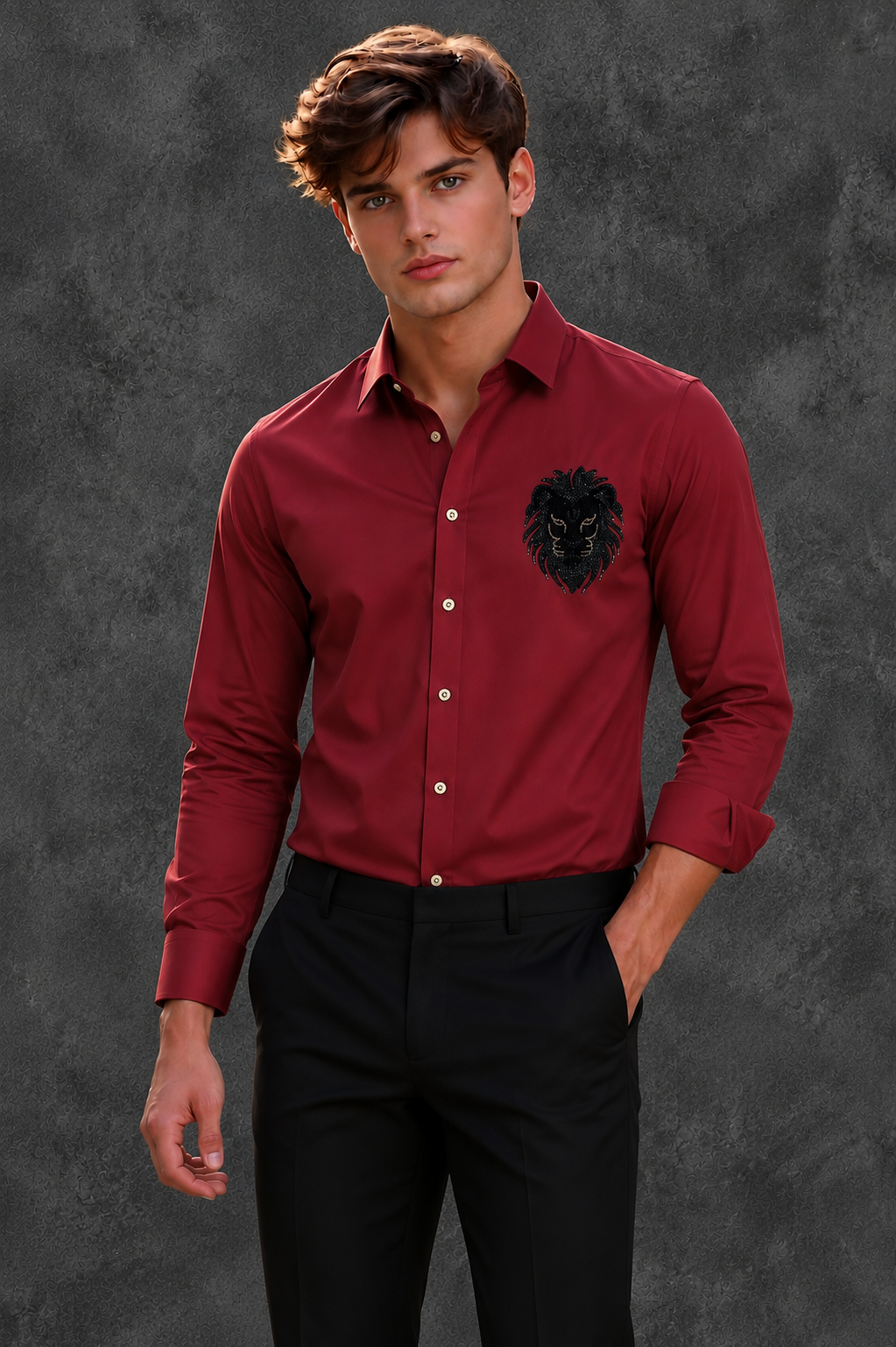 Lusso Milano Men's Regular-Fit Brick Red Long-Sleeve Rhinestone Lion Head Shirt