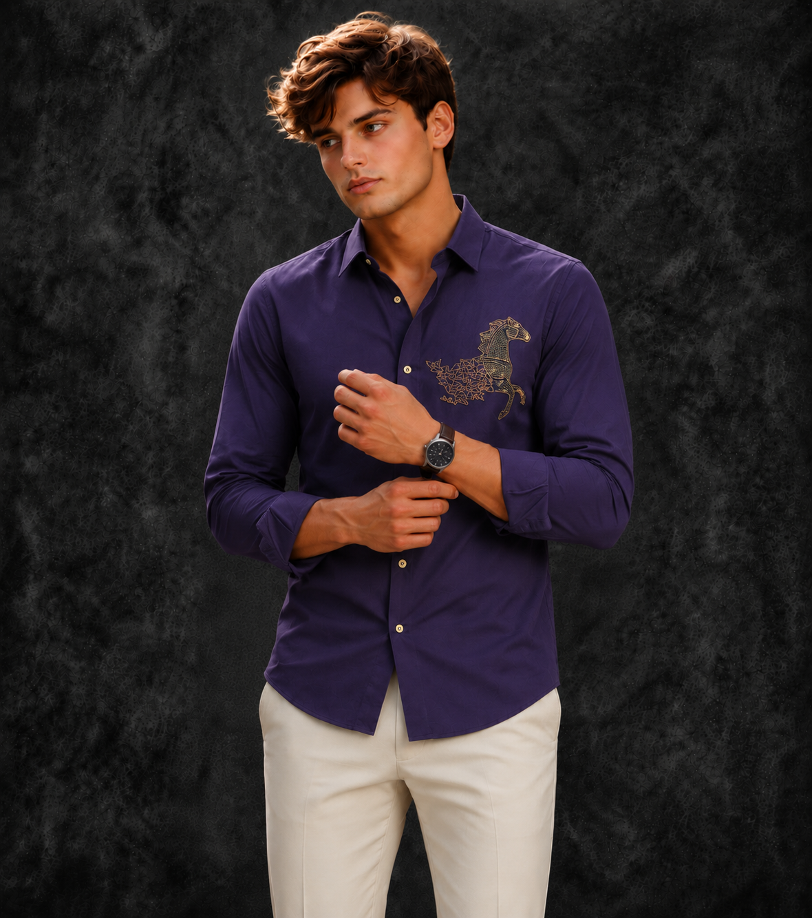 Lusso Milano Men's Regular-Fit Purple Long-Sleeve Rhinestone Horse Shirt