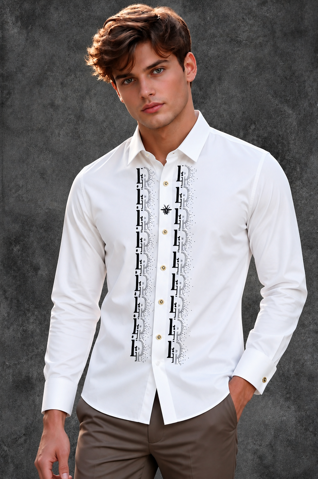 Lusso Milano Men's Regular-Fit White Long-Sleeve Tuxedo-Style Rhinestone Panel Shirt
