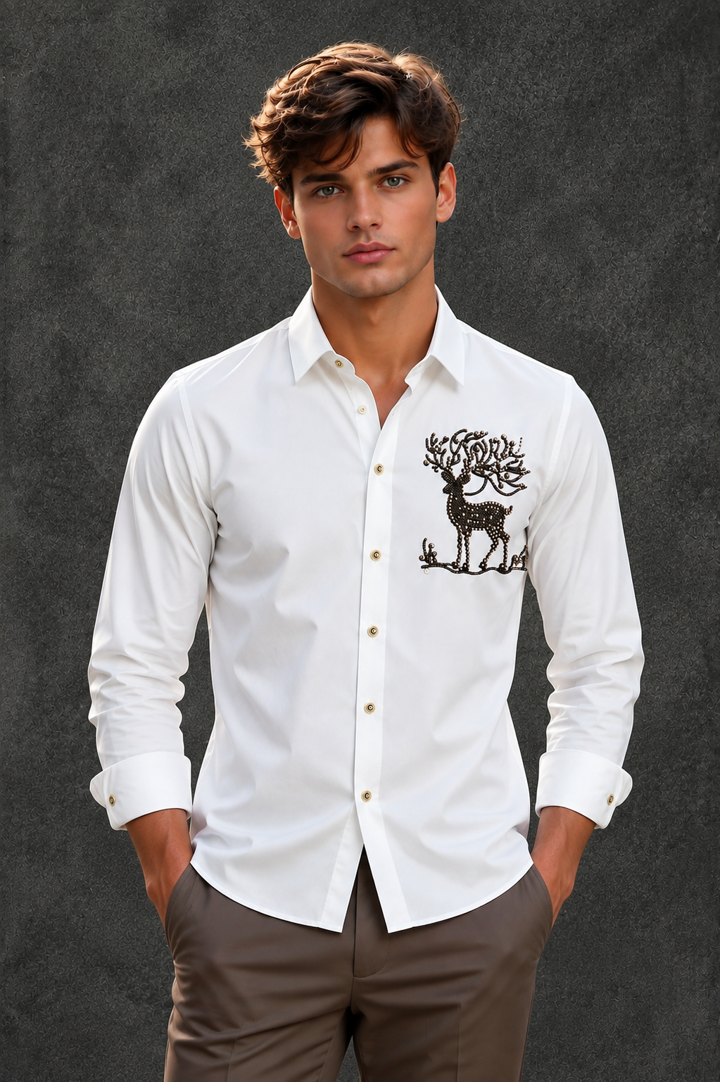 Lusso Milano Men's Regular-Fit White Long-Sleeve Studded Stag Shirt