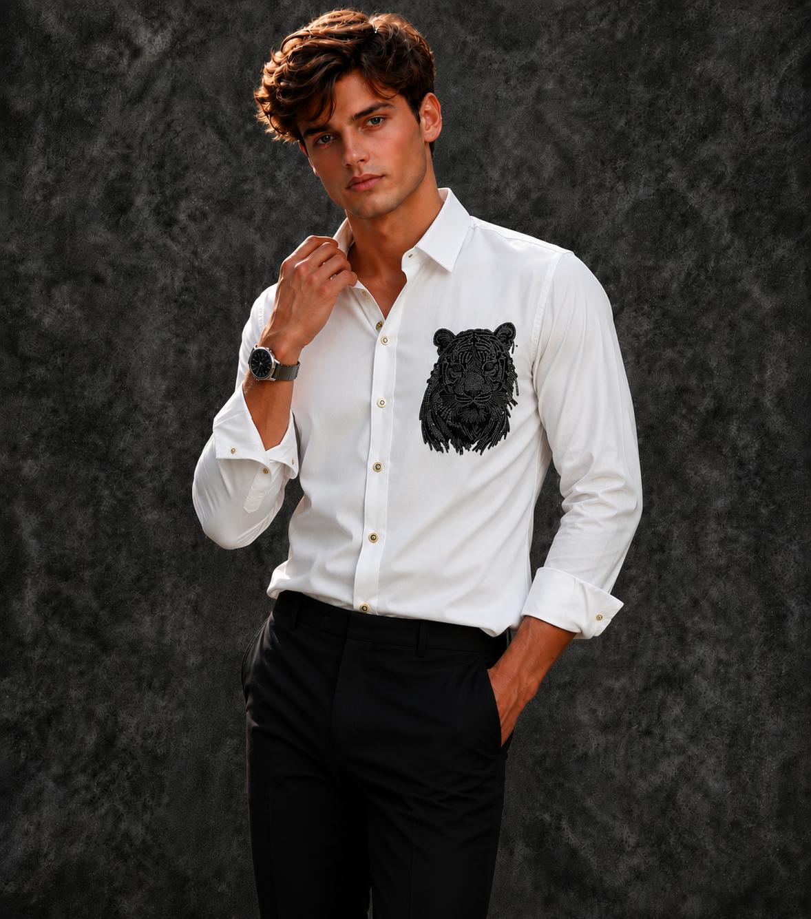 Lusso Milano Men's Regular-Fit White Long-Sleeve Rhinestone Tiger Head Shirt