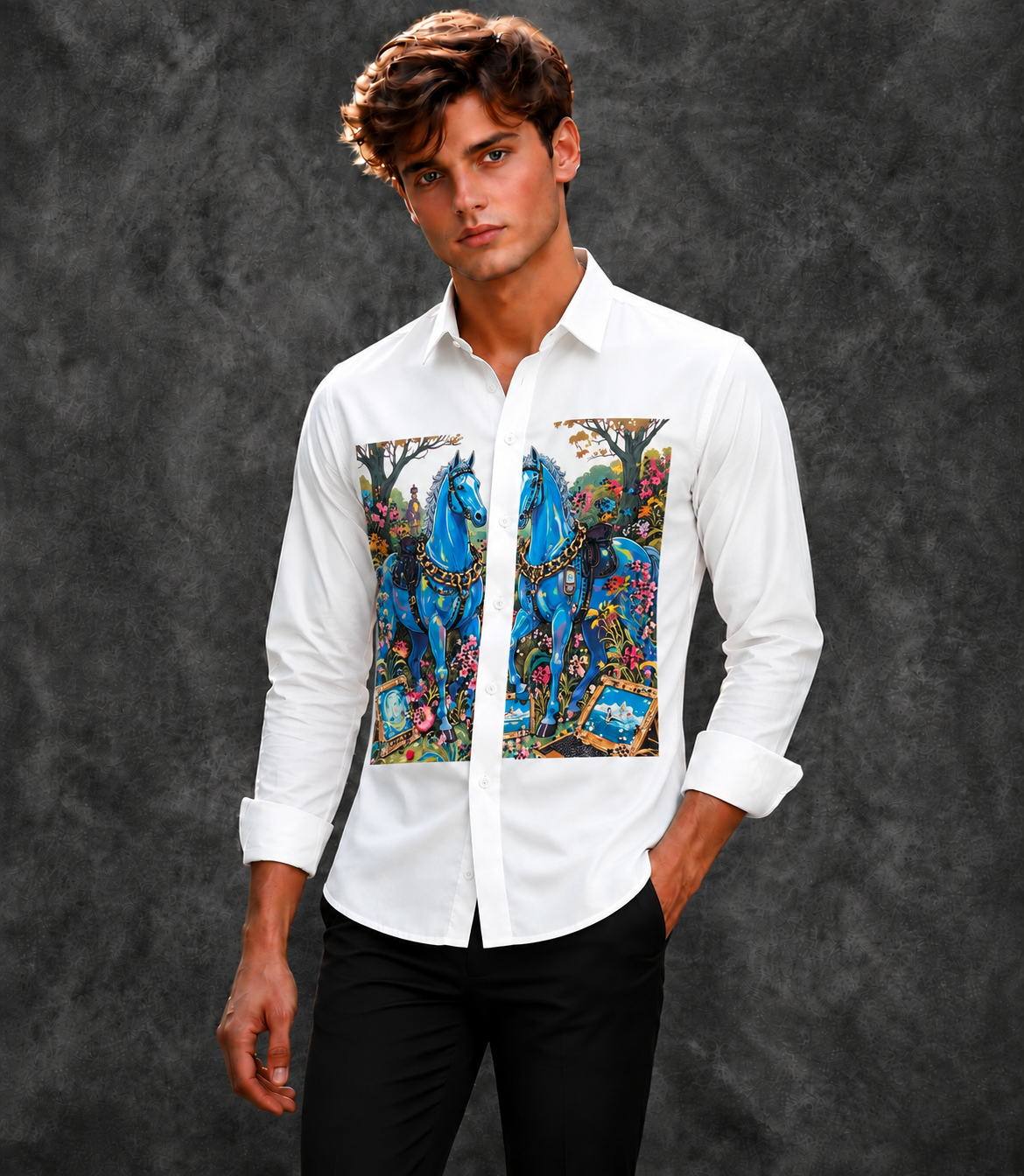 Lusso Milano Men's Regular-Fit White Long-Sleeve Blue Horses Graphic Print Shirt