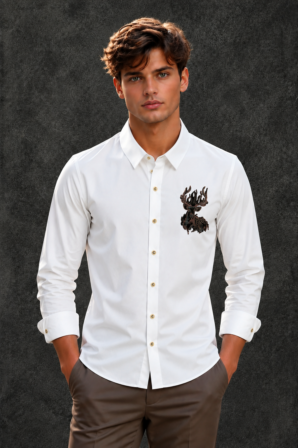 Lusso Milano Men's Regular-Fit White Long-Sleeve Rhinestone Stag Head Shirt