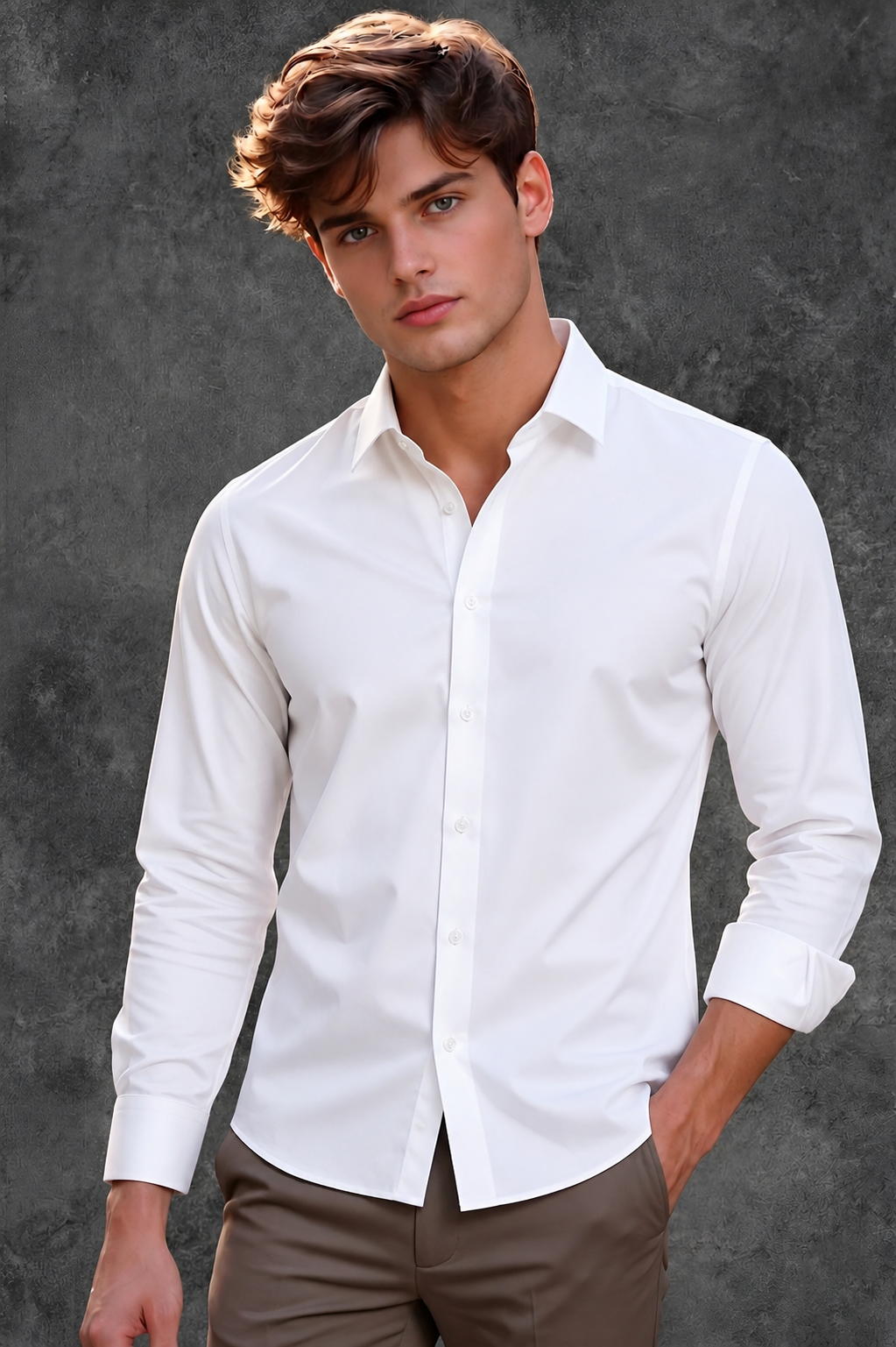 Lusso Milano Men's Slim-Fit Classic White Long-Sleeve Plain Shirt