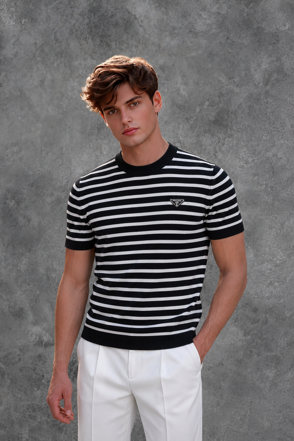 Prada Men's Slim-Fit Black and White Striped Knit T-Shirt