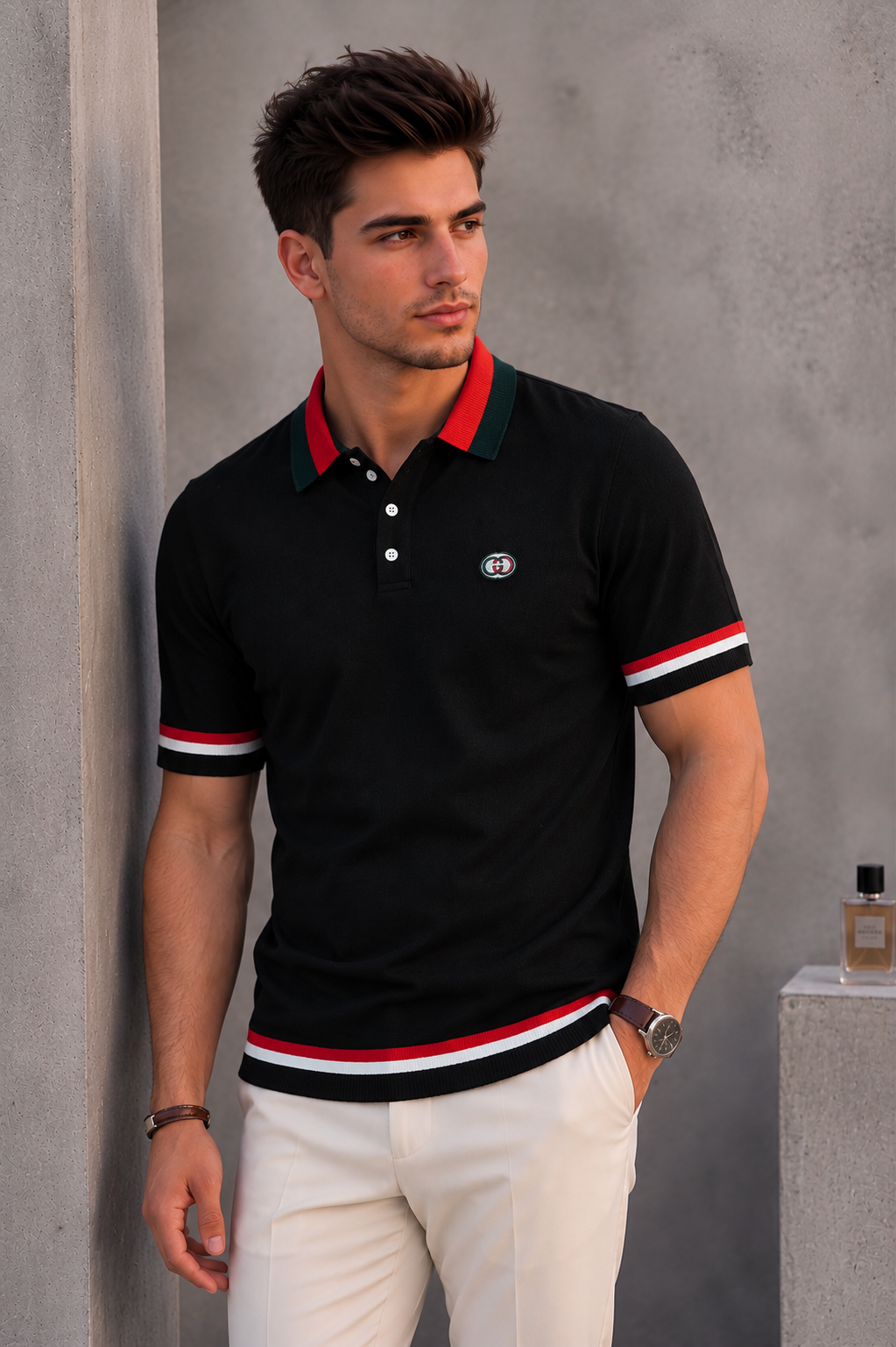 Gucci Men's Slim-Fit Black Web-Stripe Knit T-Shirt