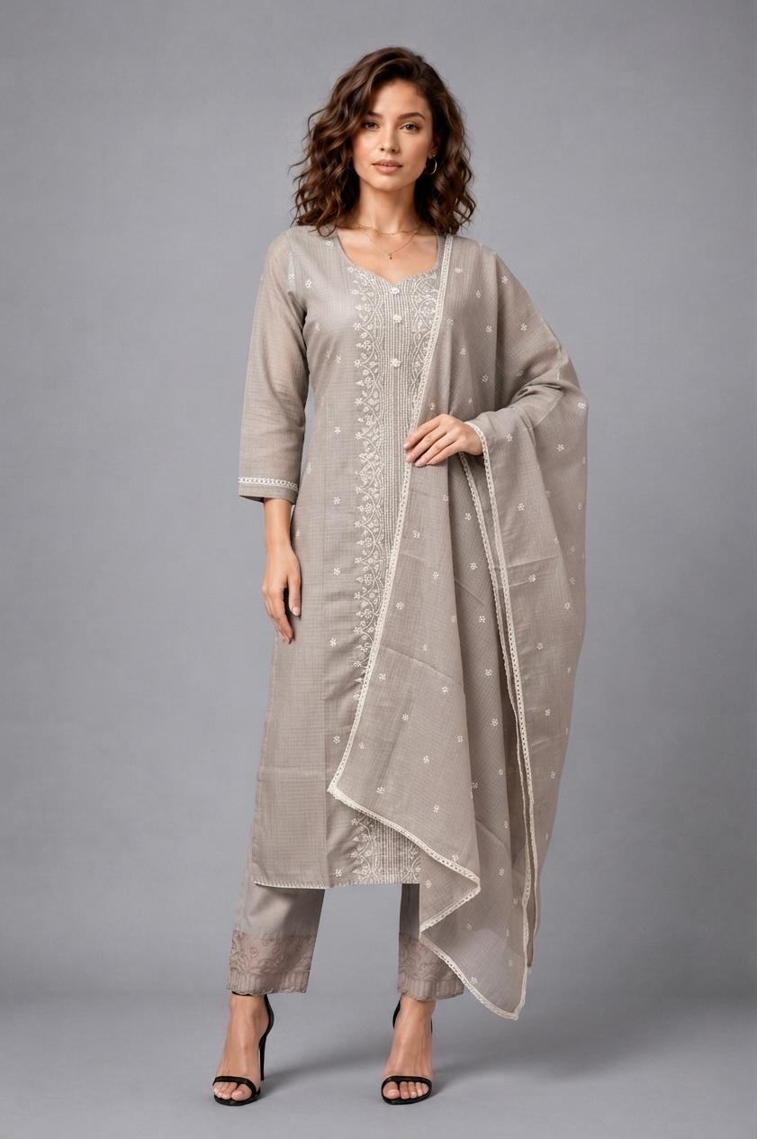Women's Elegant Grey Embroidered Kurta Set with Dupatta