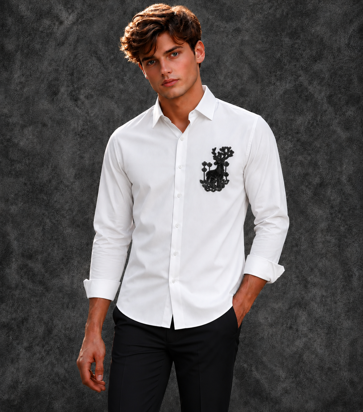 Lusso Milano Men's Regular-Fit White Long-Sleeve Rhinestone Stag Shirt