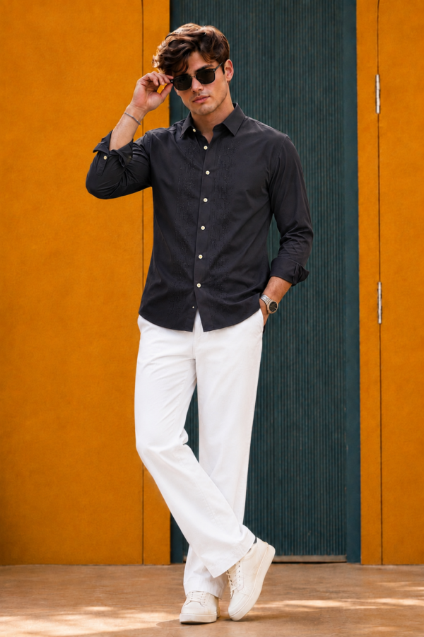 Lusso Milano Men's Regular-Fit Charcoal Grey Long-Sleeve Rhinestone Plain Shirt
