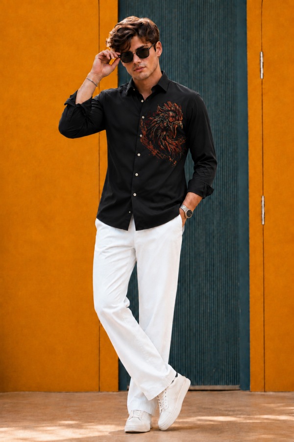 Lusso Milano Men's Regular-Fit Black Long-Sleeve Rhinestone Rooster Shirt