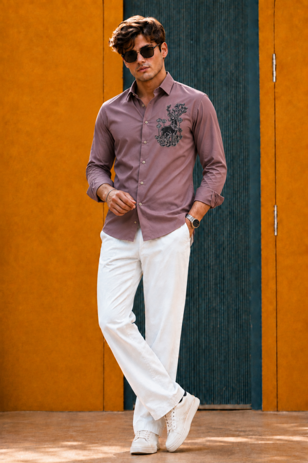 Lusso Milano Men's Regular-Fit Rose Pink Long-Sleeve Rhinestone Deer Shirt