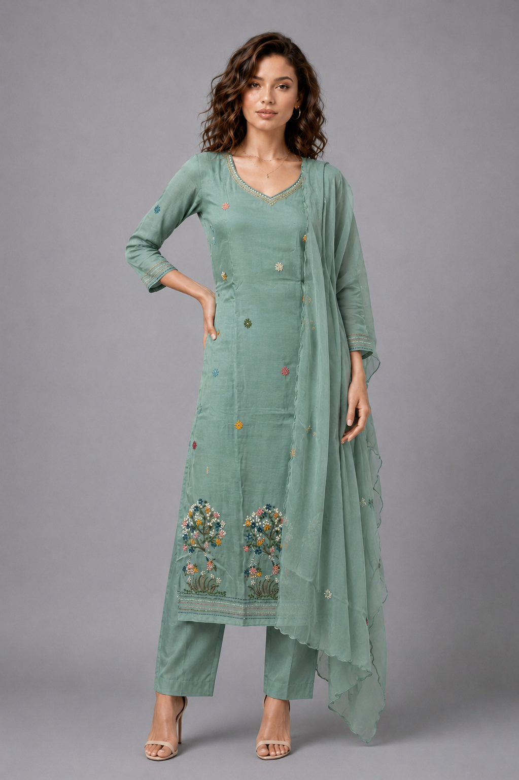 Women's Sage Green Silk Blend Embroidered Tree of Life Kurta Pant Set