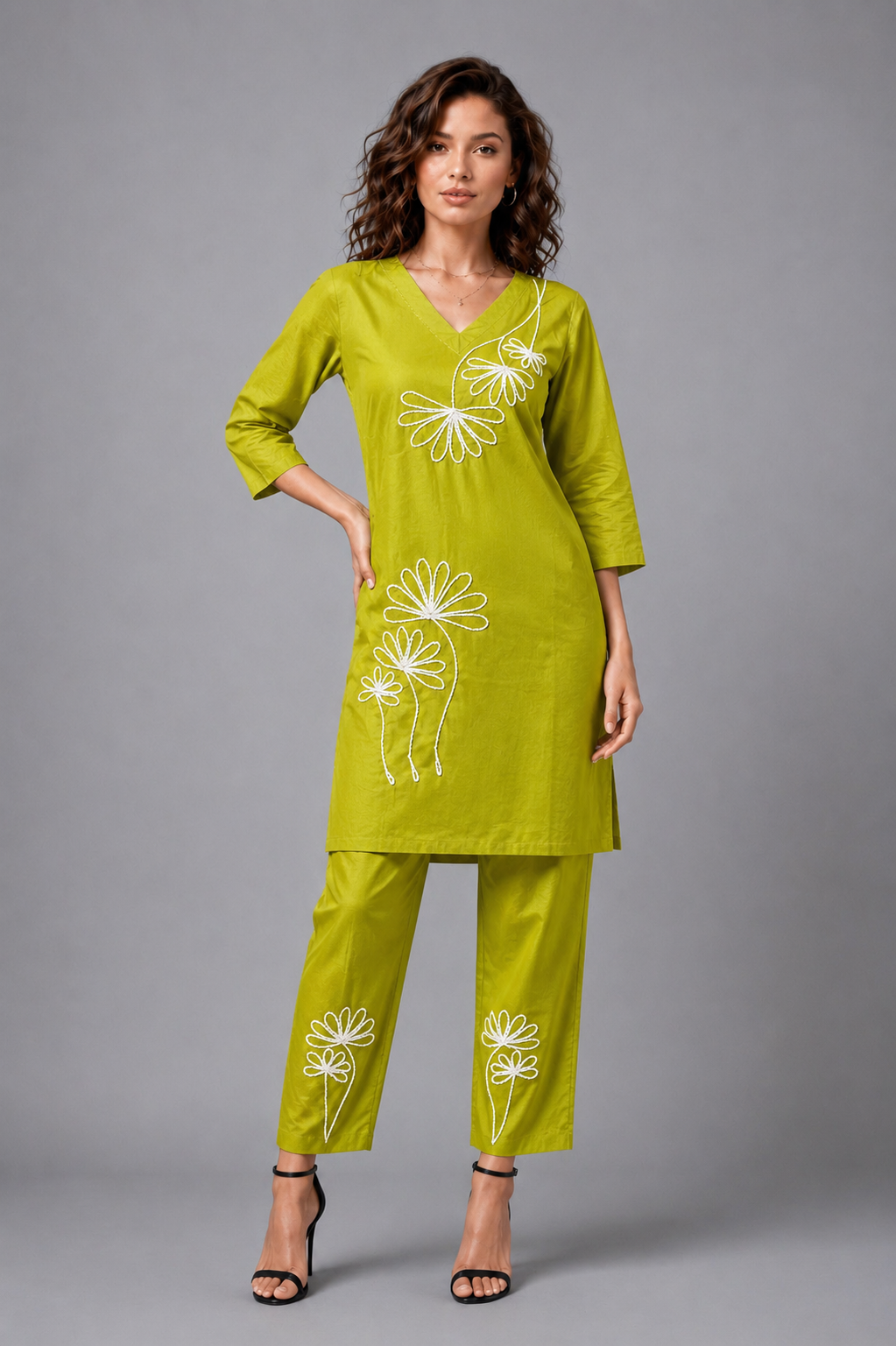 Women's Olive Lime Cotton Kurta Palazzo Set with White Floral Outline
