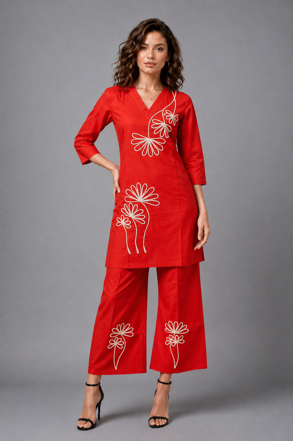 Women's Vermilion Red Cotton Kurta Palazzo Set with White Floral Outline
