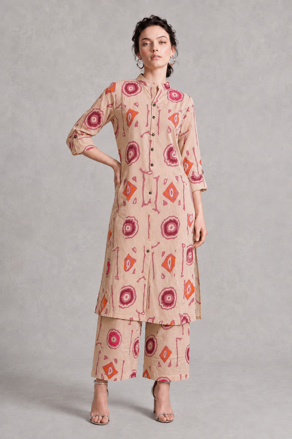 Women's Peach Geometric Shibori Print Cotton Kurta Palazzo Set