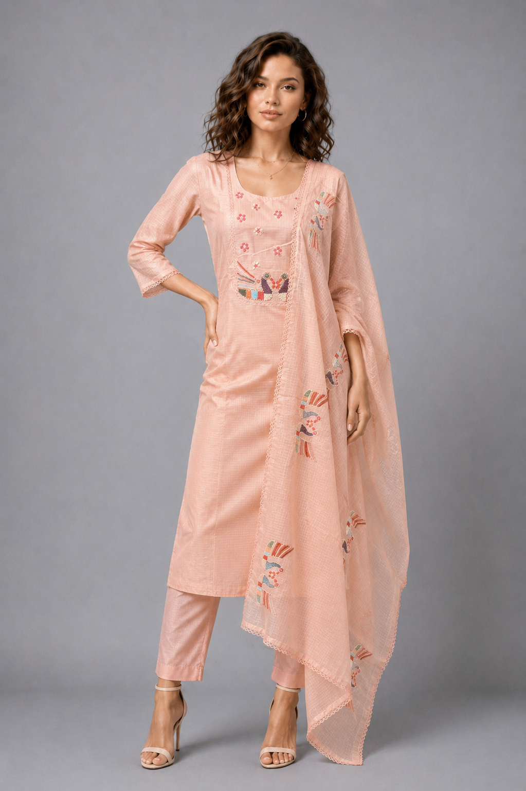 Women's Peach Chanderi Cotton Kurta Pant Set with Embroidered Peacock Bodice