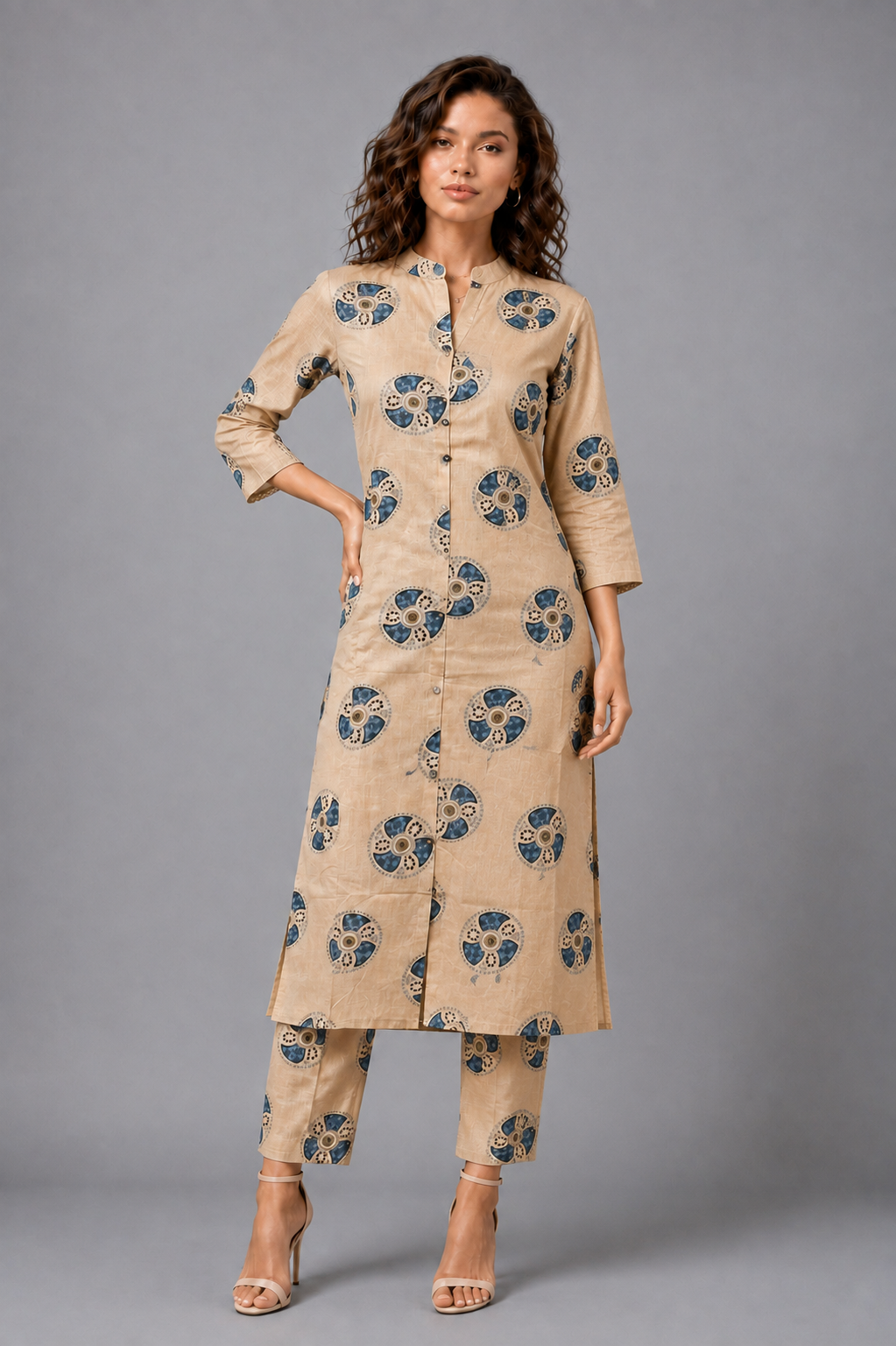 Women's Beige Cotton Kurta Palazzo Set with Indigo Circular Block Print