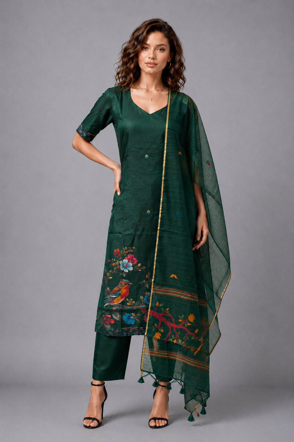 Women's Bottle Green Silk Blend Kurta Pant Set with Digital Bird Print Dupatta