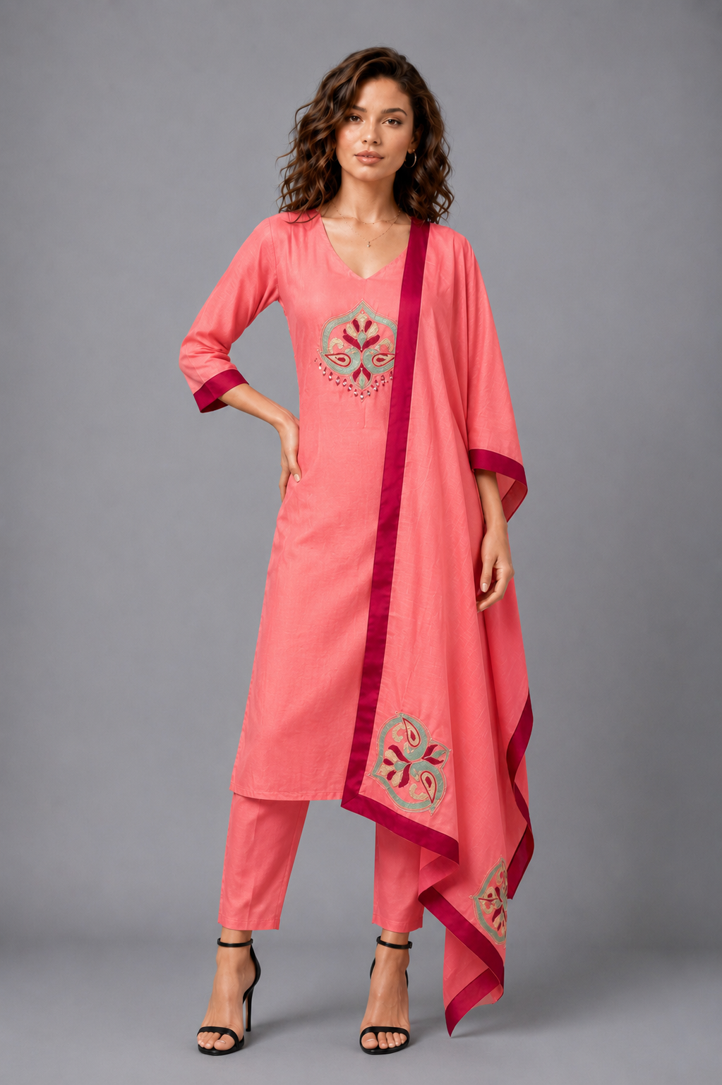 Women's Peach Silk Blend Kurta Pant Set with Applique Dupatta