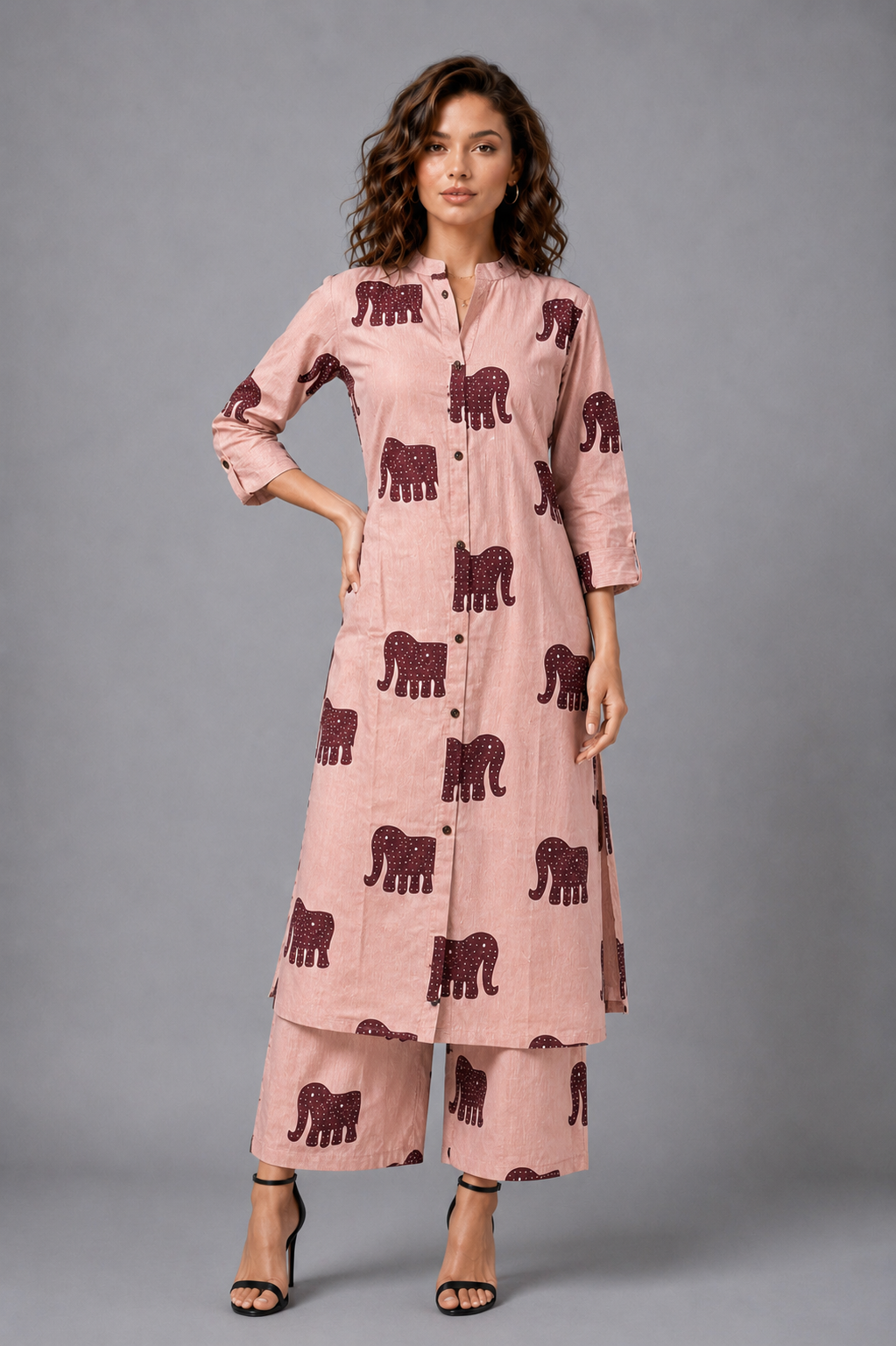 Women's Blush Pink Cotton Kurta Palazzo Set with Maroon Elephant Print