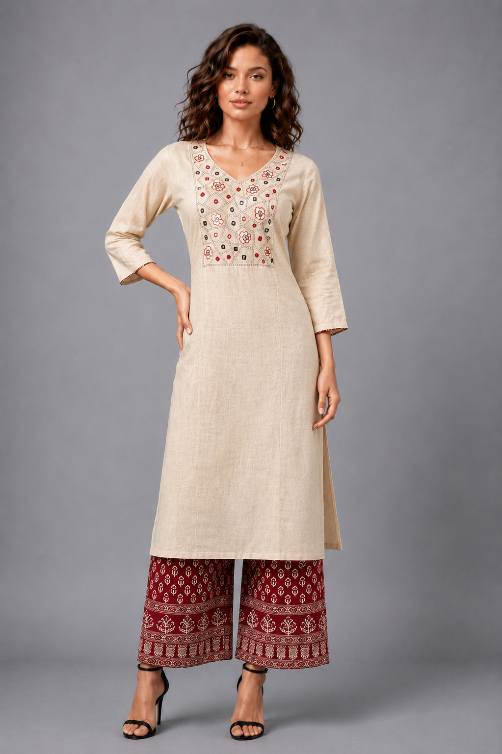 Women's Cream Cotton Kurta Palazzo Set with Maroon Geometric Yoke Embroidery