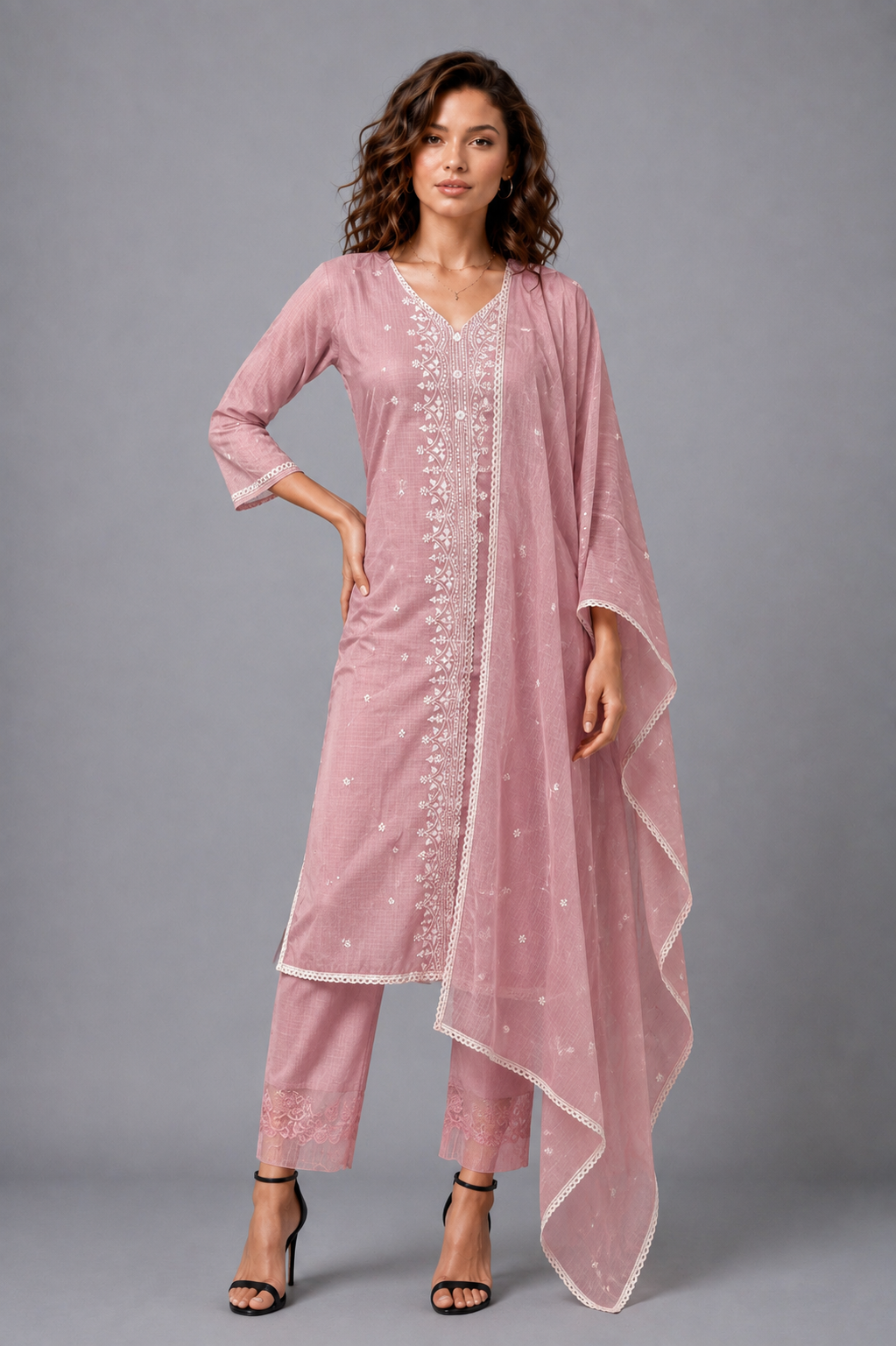 Women's Blush Pink Chanderi Cotton Kurta Pant Set with White Chikankari Embroidery