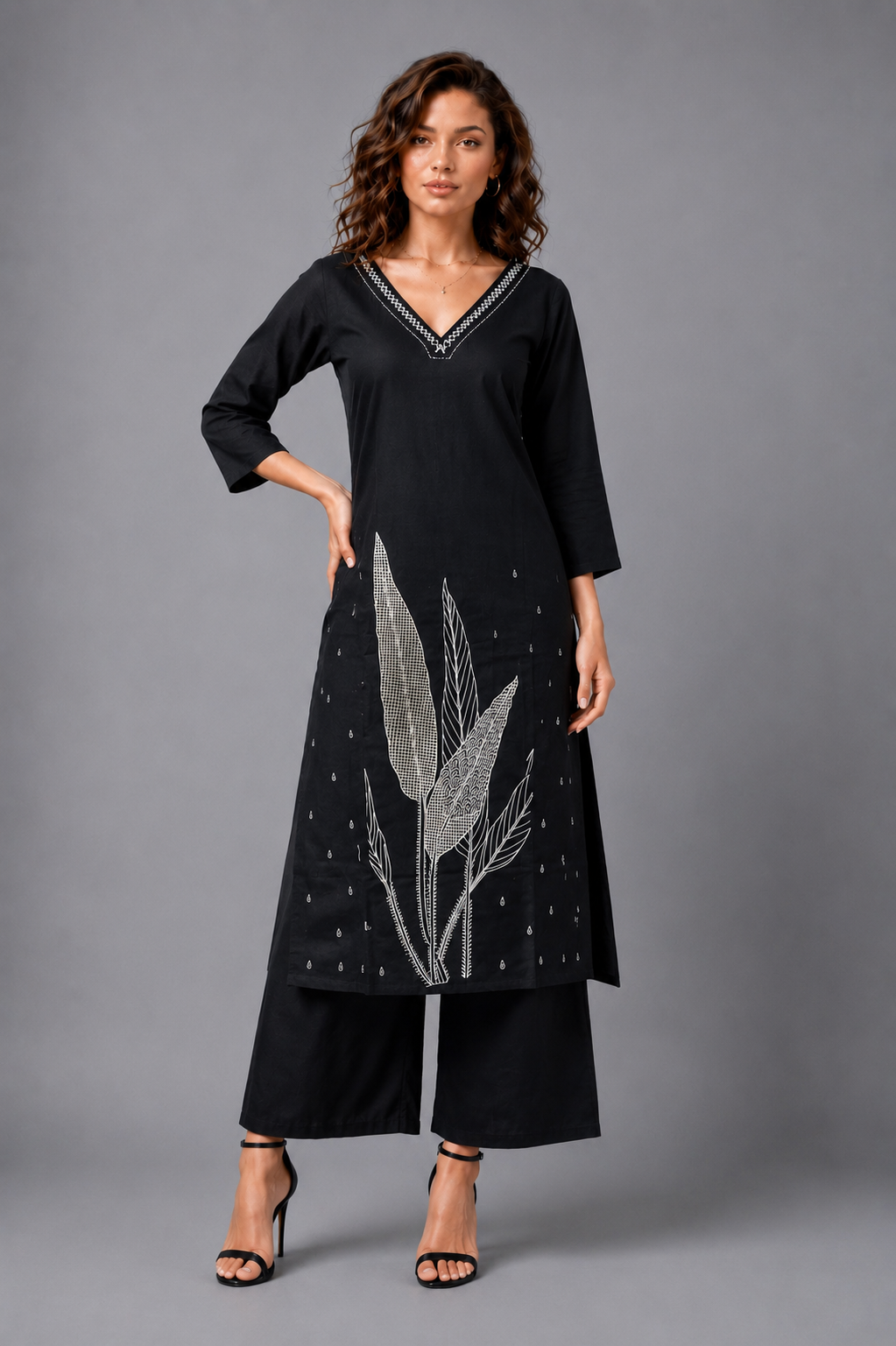 Women's Black Cotton Kurta Pant Set with White Kantha Leaf Embroidery