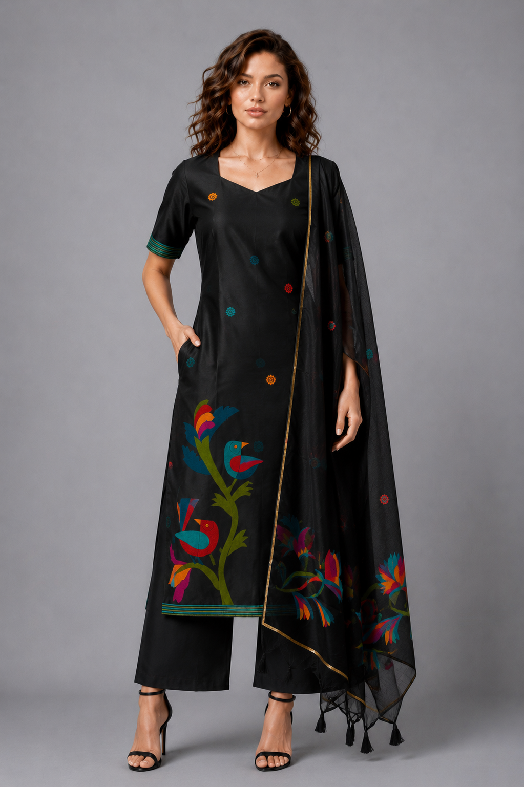Women's Black Chanderi Silk Kurta Pant Set with Colorful Applique Bird Motifs
