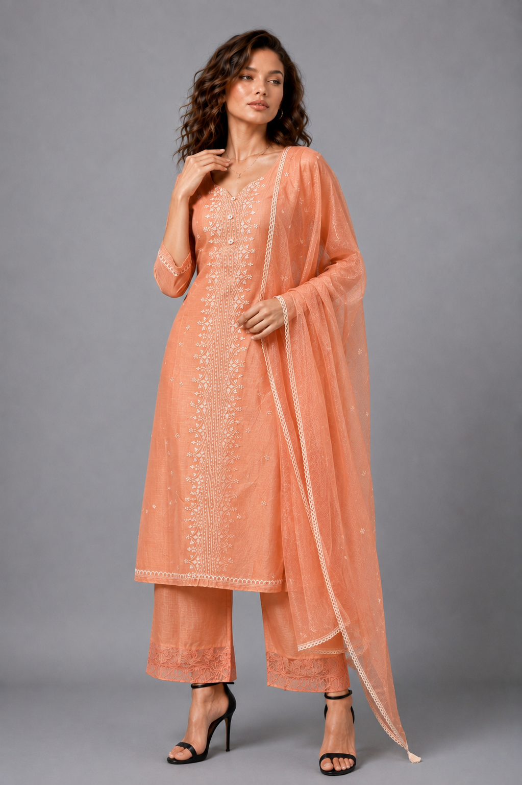 Women's Peach Chanderi Silk Kurta Pant Set with White Chikankari Embroidery