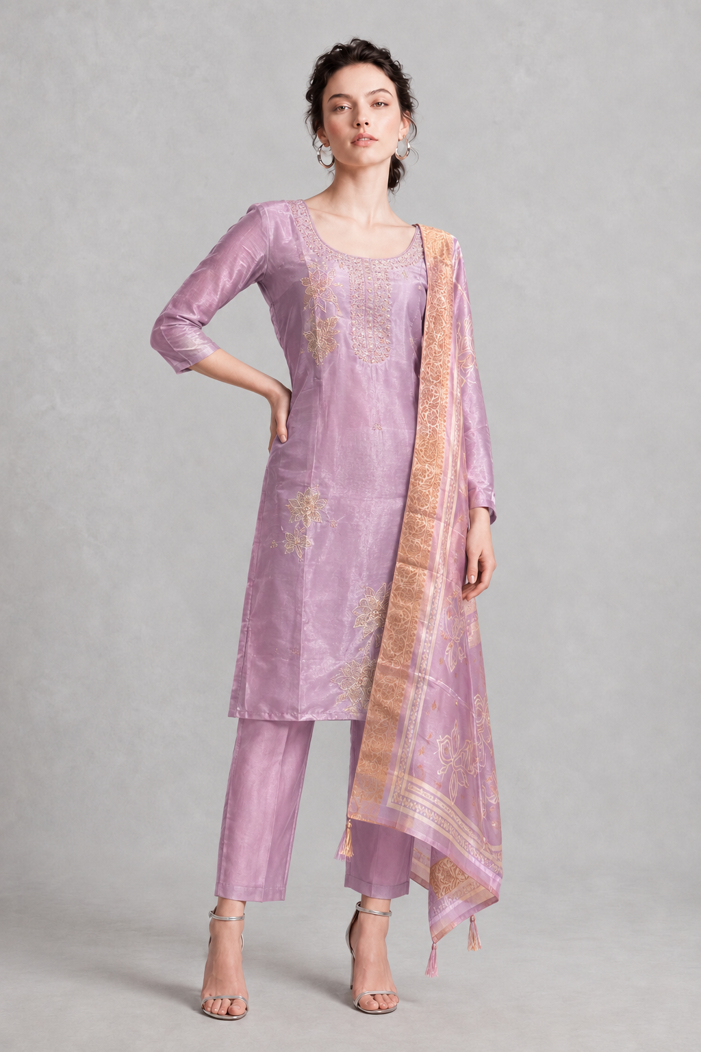 Women's Lilac Chanderi Silk Kurta Pant Set with Banarasi Dupatta