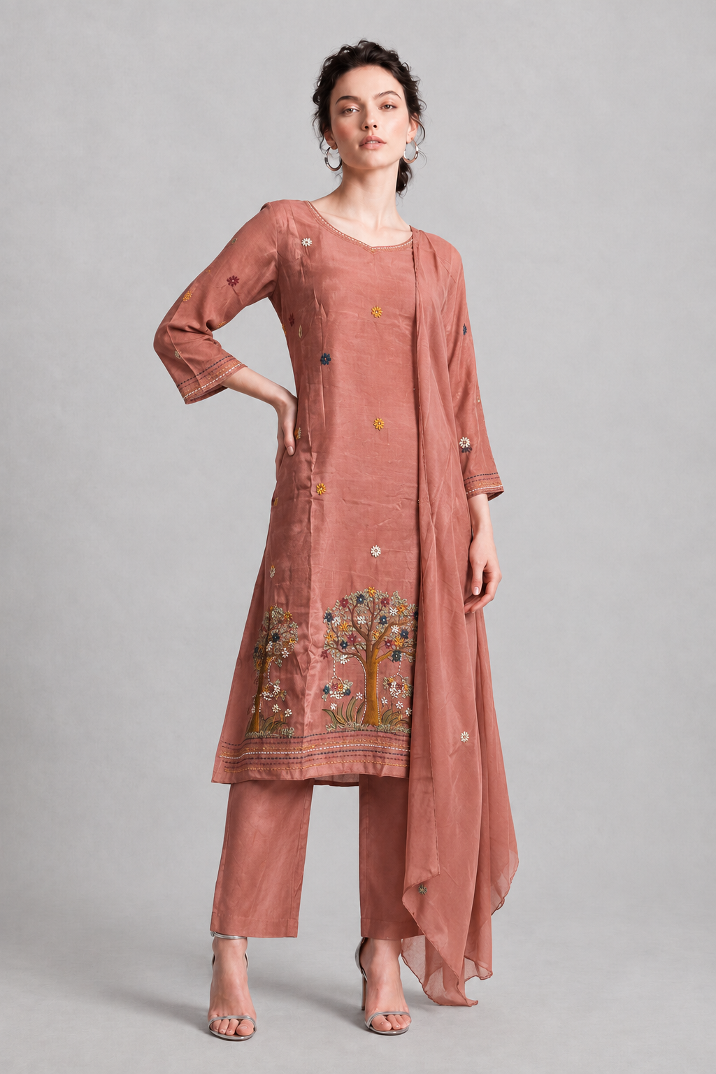 Women's Rosewood Silk Blend Embroidered Tree of Life Kurta Pant Set