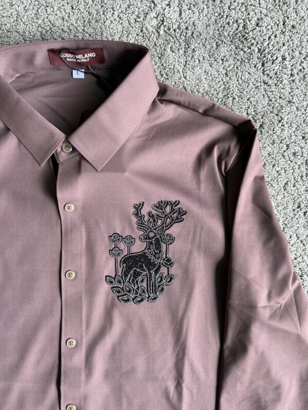 Lusso Milano Men's Regular-Fit Rose Pink Long-Sleeve Rhinestone Deer Shirt