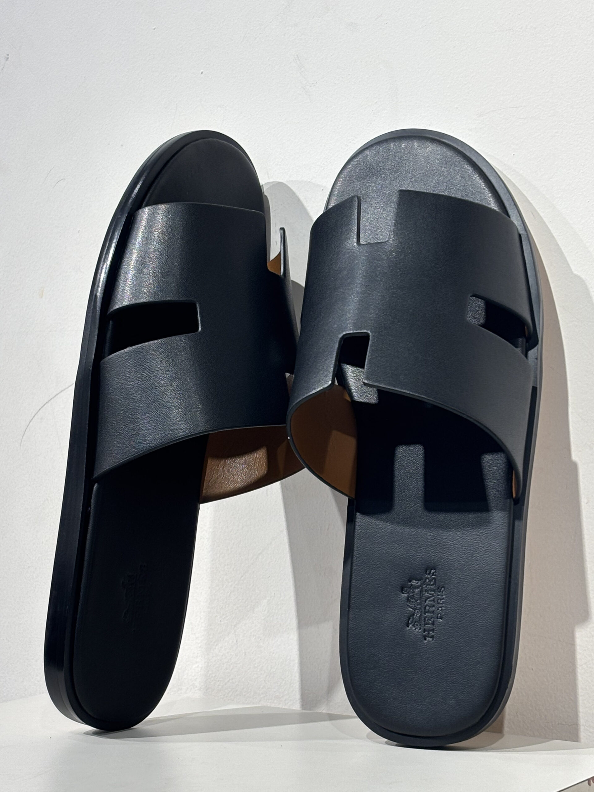 Hermès Men's Izmir Black Calfskin H-Cutout Slide Sandals