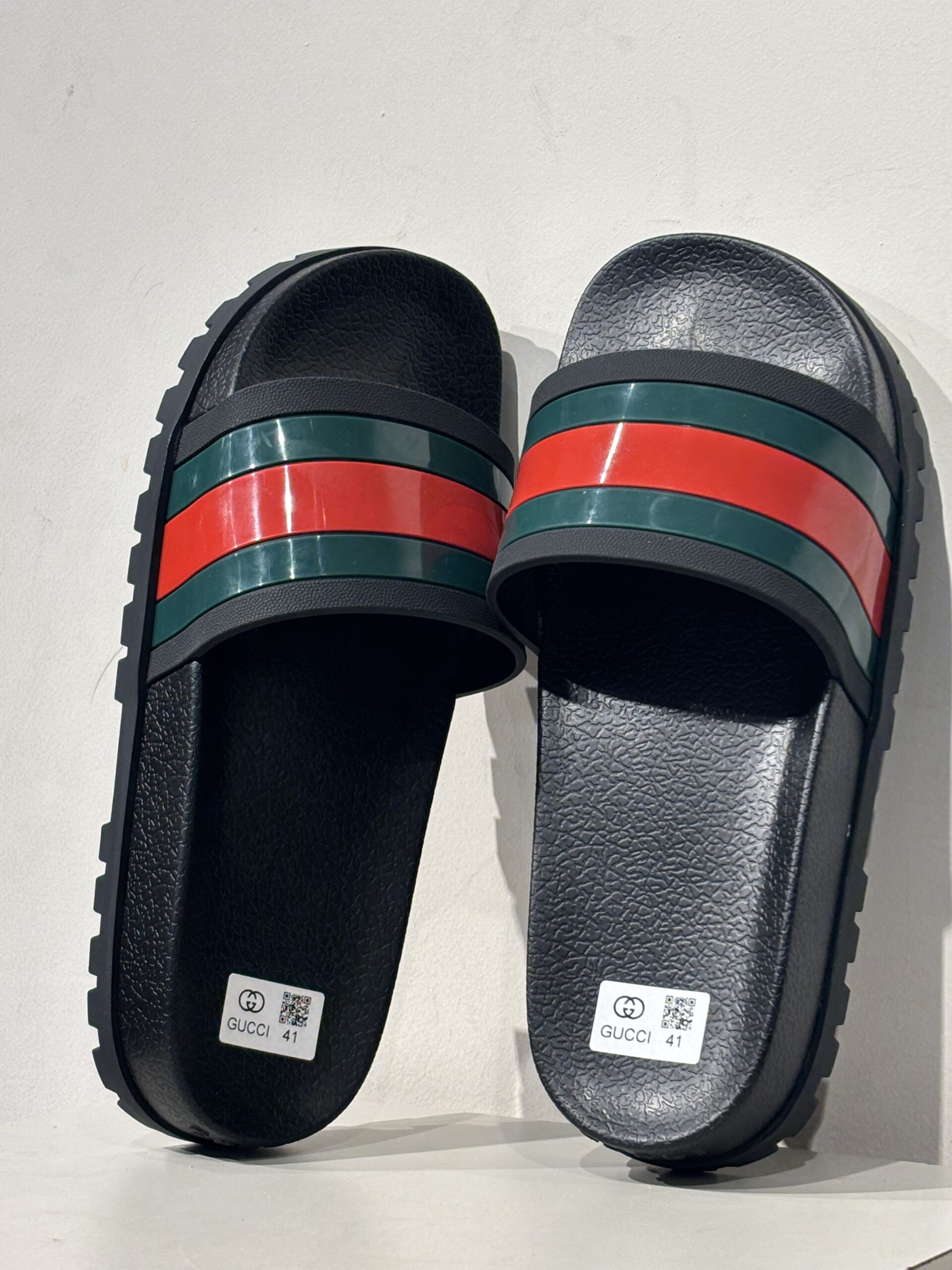 Gucci Men's Black Rubber Web Stripe Slide Sandals