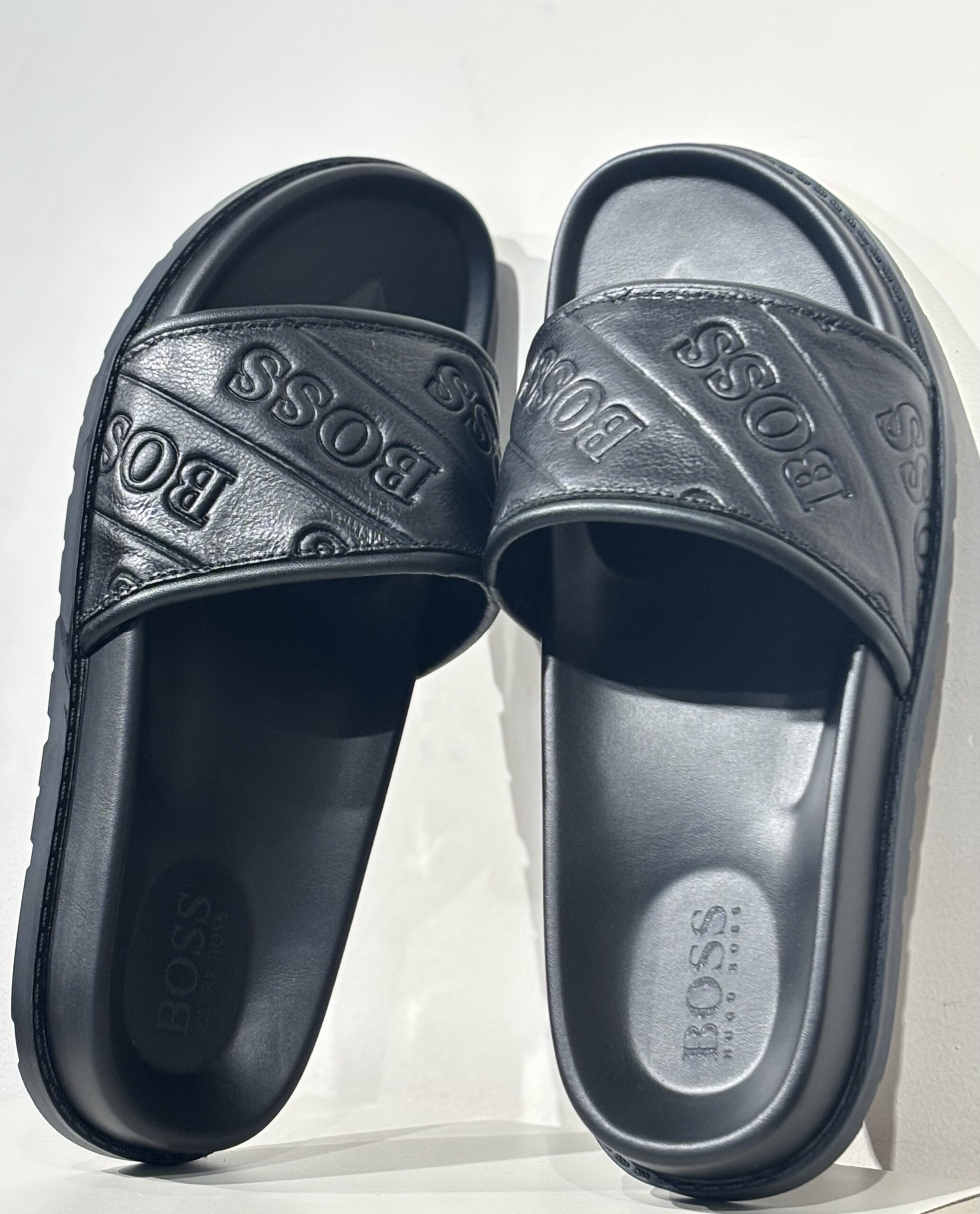 BOSS Men's Black All-Over Debossed Logo Leather Slide Sandals