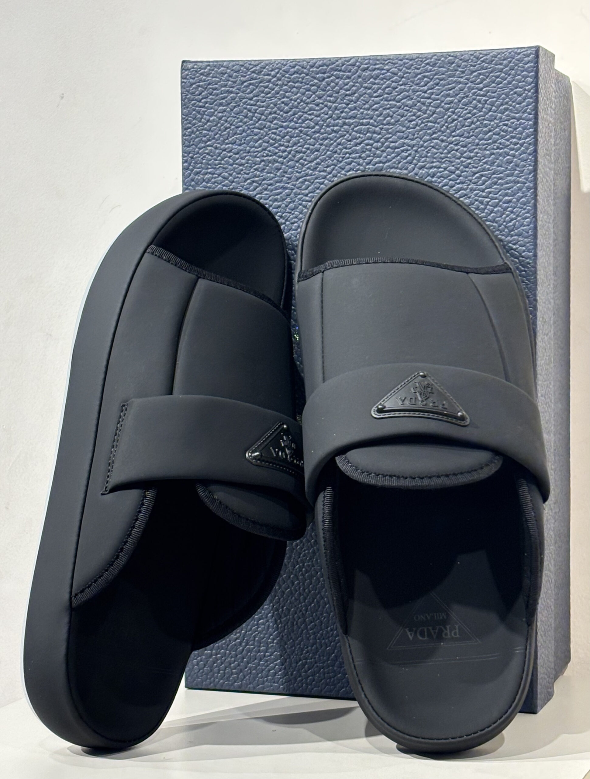 Prada Men's Black Padded Re-Nylon Triangle Logo Slide Sandals