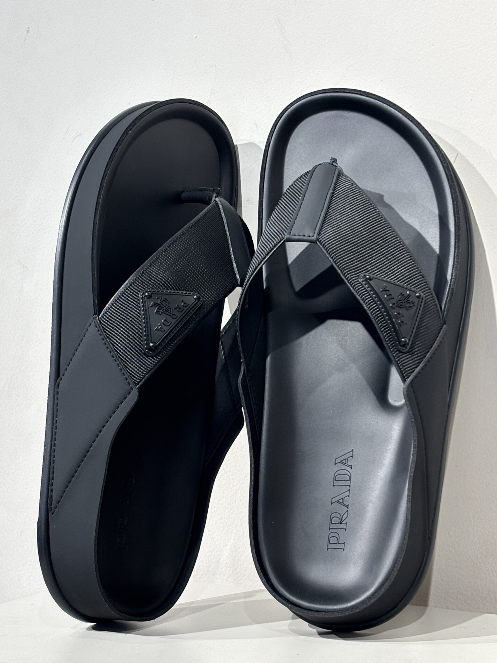Prada Men's Black Re-Nylon Triangle Logo Thong Sandals