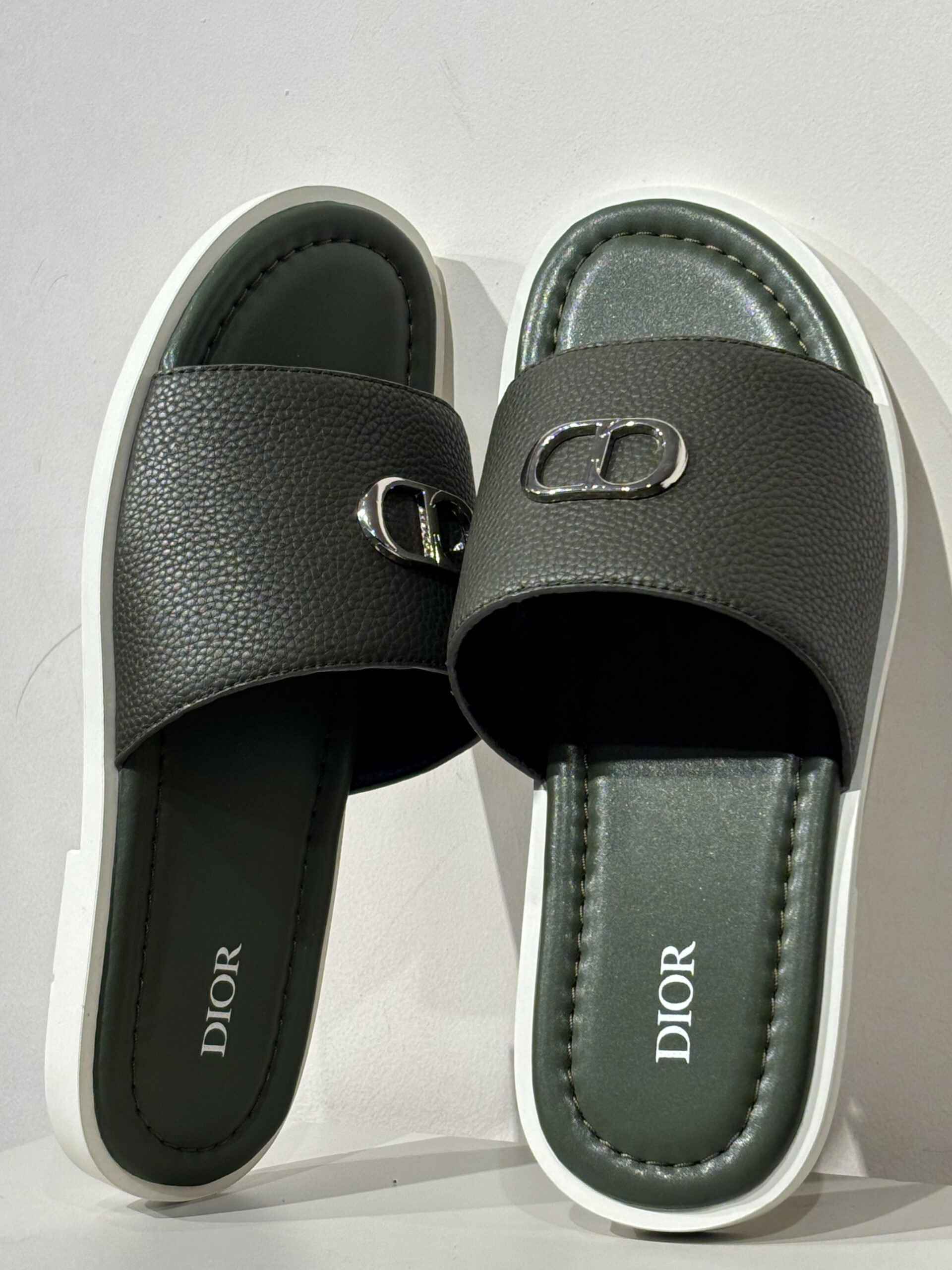 Dior Men's Olive Khaki Grained Leather CD Icon Slide Sandals