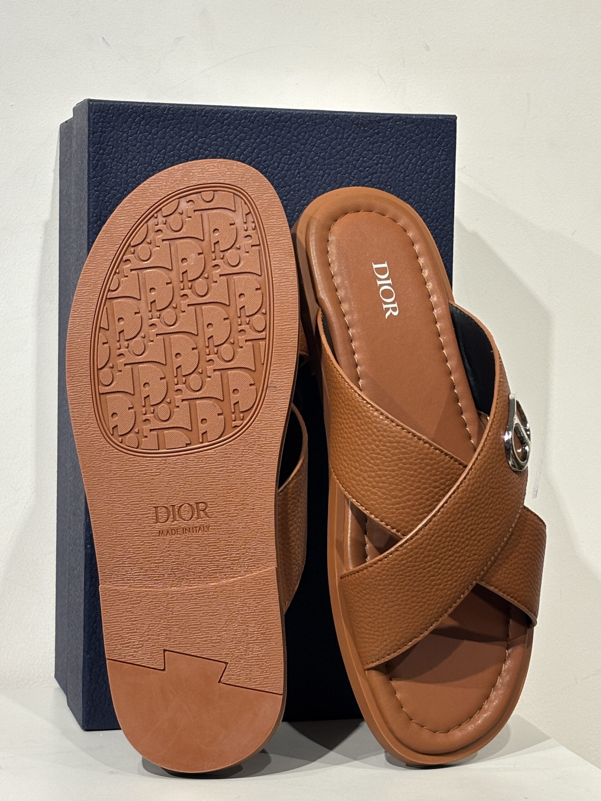 Dior Men's Cognac Tan Grained Calfskin CD Icon Cross-Strap Sandals