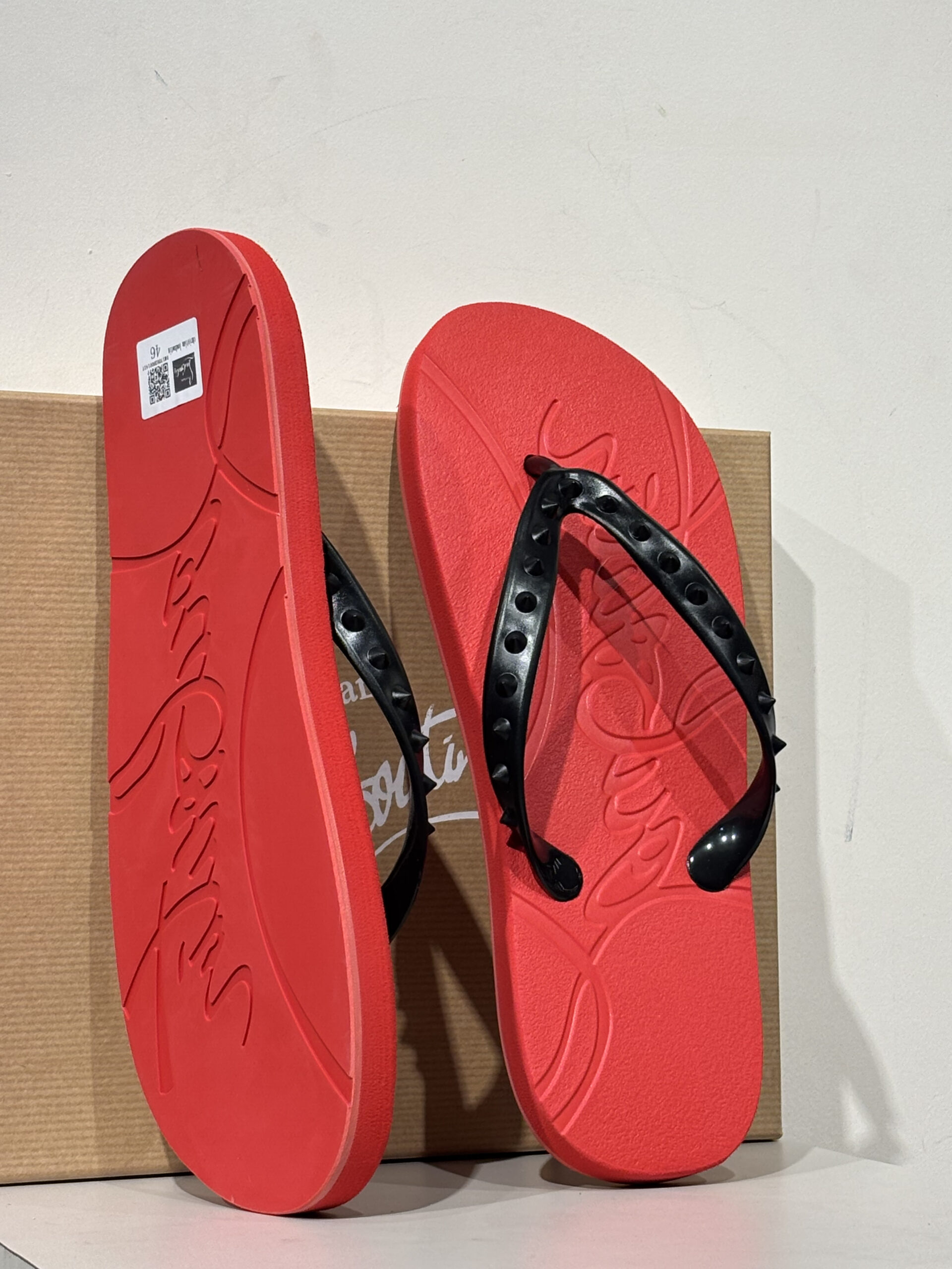 Christian Louboutin Men's Loubi Flip Spikes Red Thong Sandals