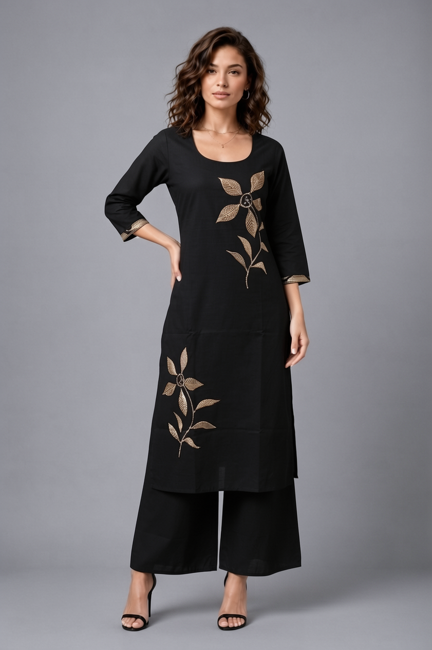 Women's Black Cotton Kurta Palazzo Set with Zari Floral Embroidery