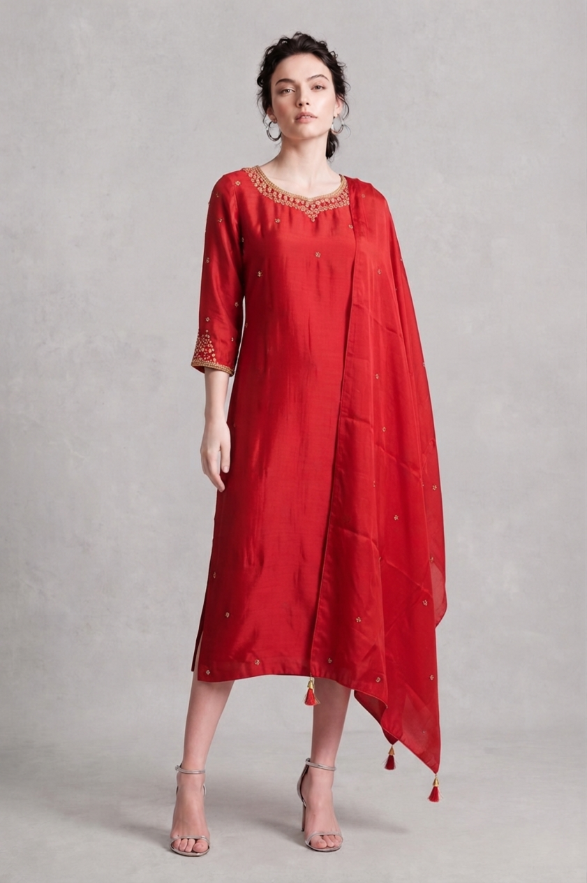 Women's Festive Red Silk Blend Kurta Palazzo Set with Zardozi Neckline