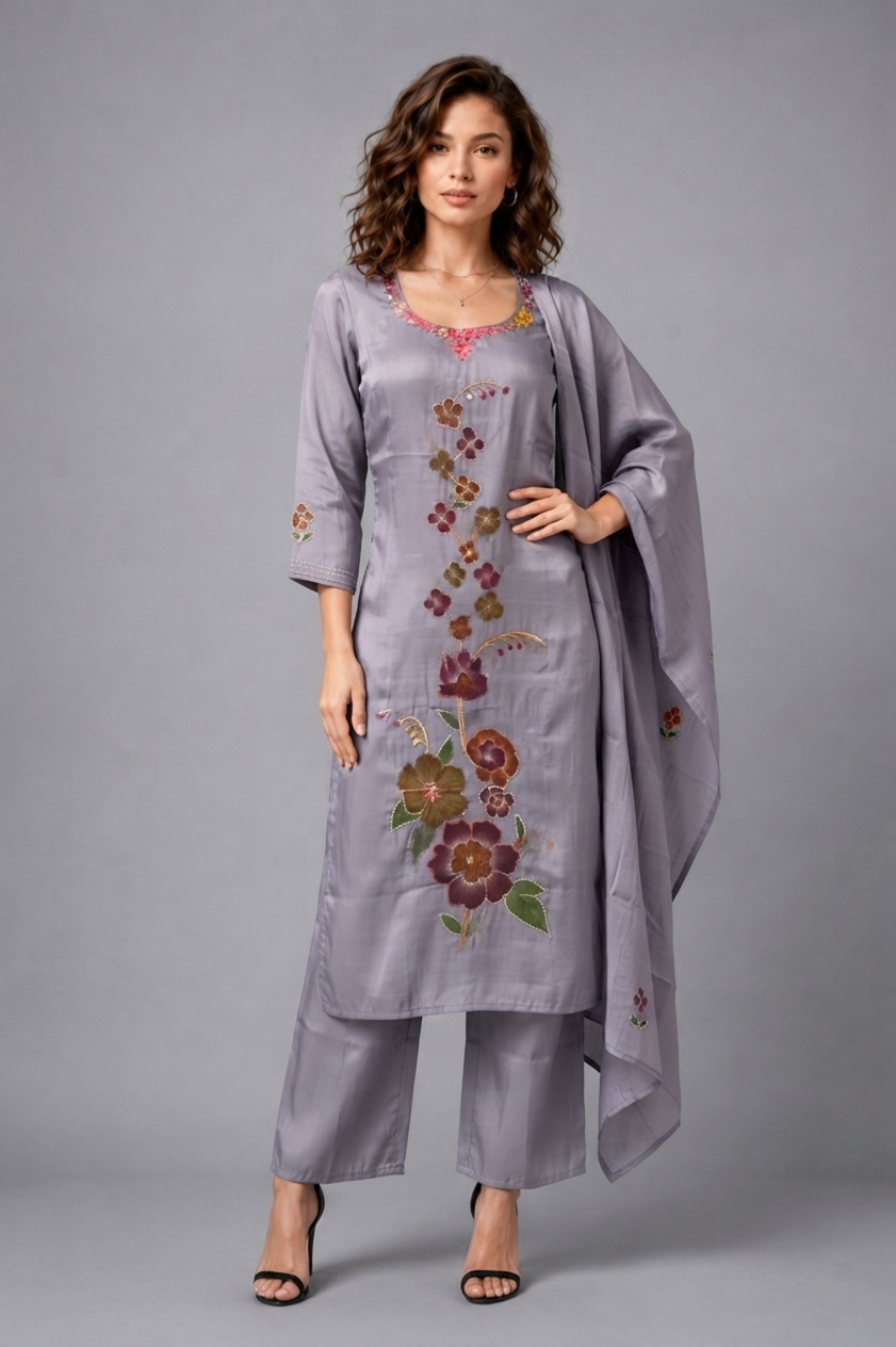 Women's Lavender Silk Blend Floral Applique Kurta Palazzo Set