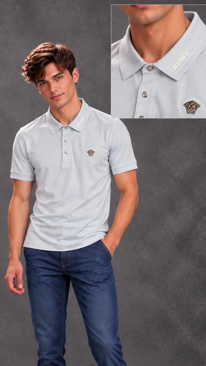 Versace Men's Light Grey Greca Trim Short Sleeve Polo Shirt