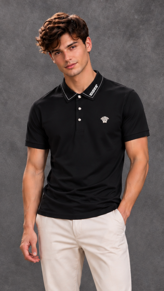 Versace Men's Jet Black Greca Trim Short Sleeve Polo Shirt