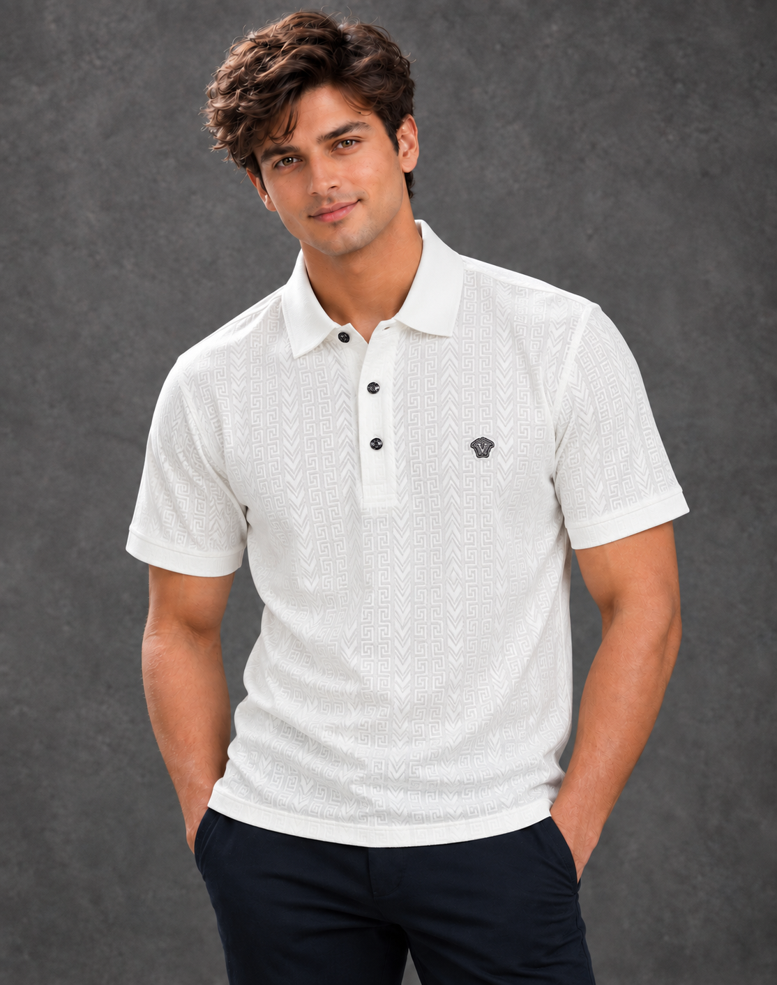 Versace Men's Off-White Allover Greca Monogram Short Sleeve Polo Shirt