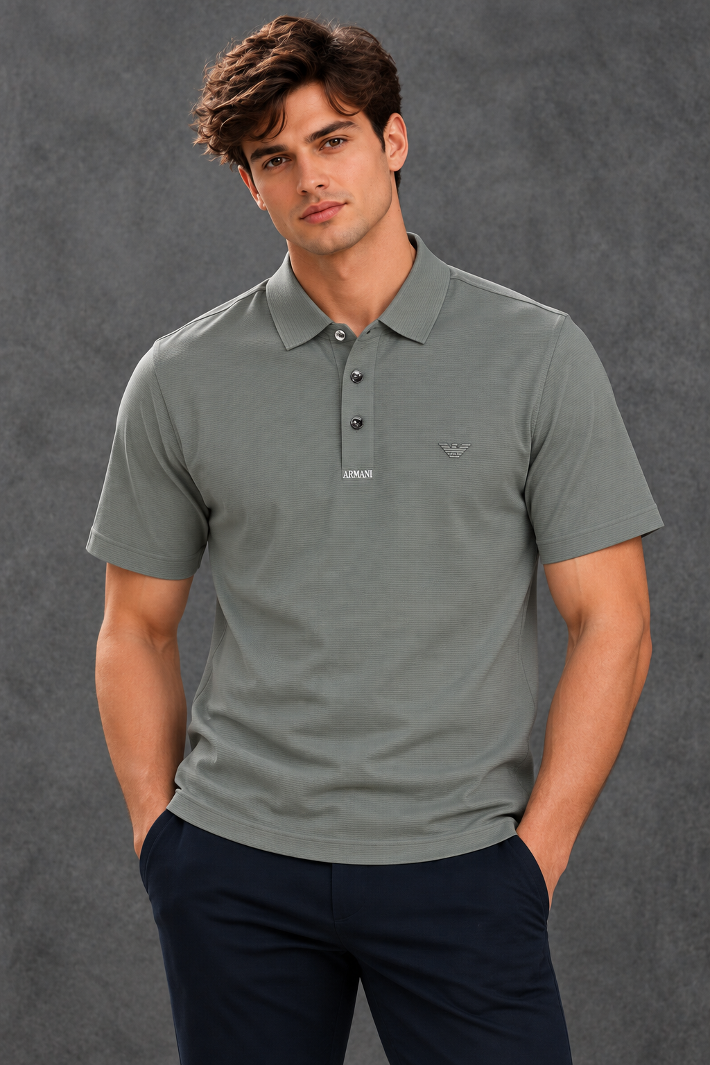Emporio Armani Men's Sage Green Waffle Knit Short Sleeve Polo Shirt
