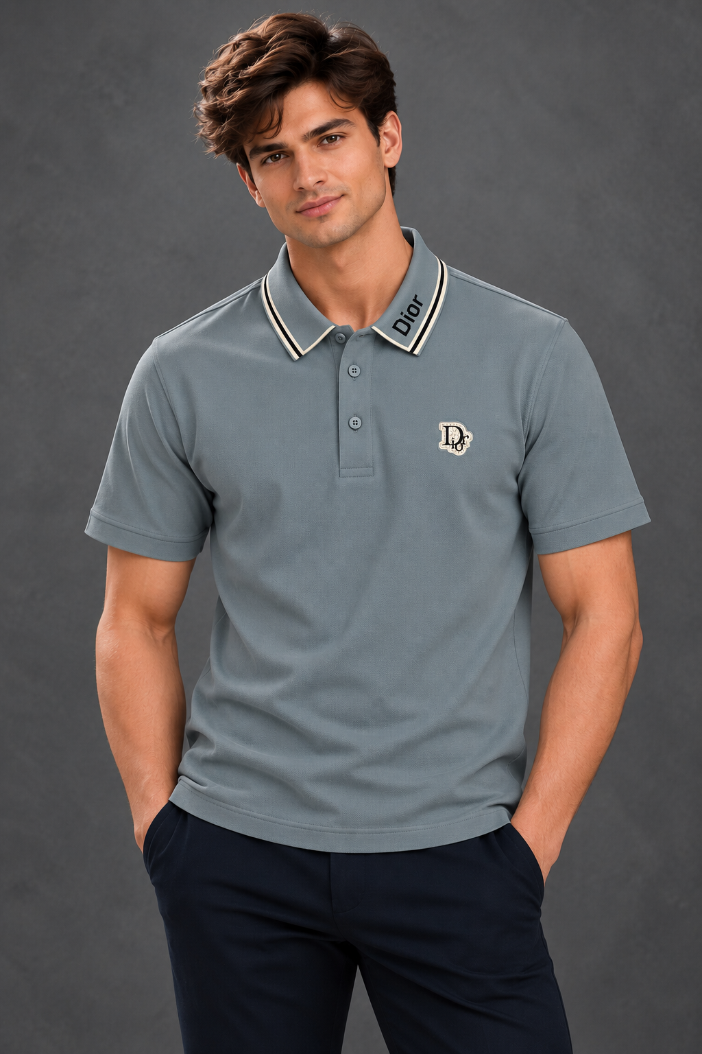 Dior Men's Slate Blue Tipped Collar Short Sleeve Polo Shirt